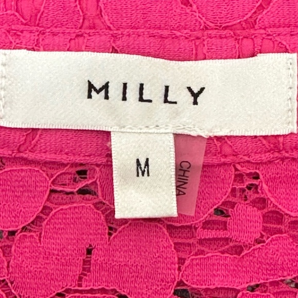 Milly Hot Pink All Over Lace Button Up Shirt Medium Puff Sleeve Semi Sheer - Picture 8 of 15